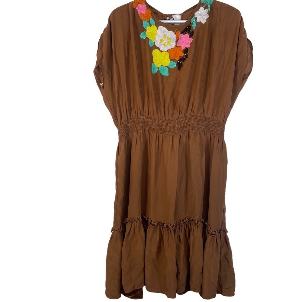 Milly’s of New York Brown Breaded Open Back Ruffled Brown 100% Silk MIDI…